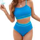 XUNYU Women Ribbed Scoop Neck Bikini 2 Piece Full Coverage Bathing Suits for Teen High Waisted Crop Top Swimsuit (Large, Blue Colorblock)