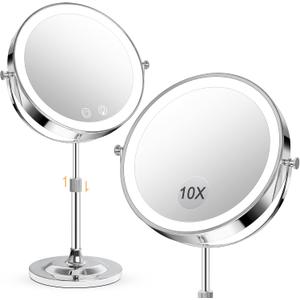 9" Makeup Mirror with Lights,5000mAh Rechargeable Vanity Mirror,1X/10X Double Sided Magnifying Mirror with Adjustable Height, 3 Colors Stepless Dimming Lighted Makeup Mirror,Women Gift