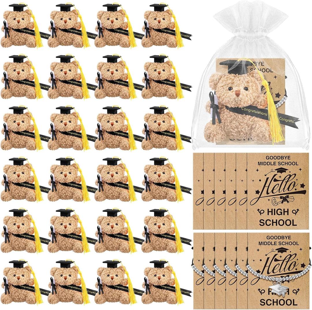 25 Sets Mini Middle School Graduation Bear 8th Grade Graduation Gifts Bulk Include Mini Stuffed Bear Bracelet Organza Bag Hello High School Card for 8th Students Class of 2026 Party Favors(Black)