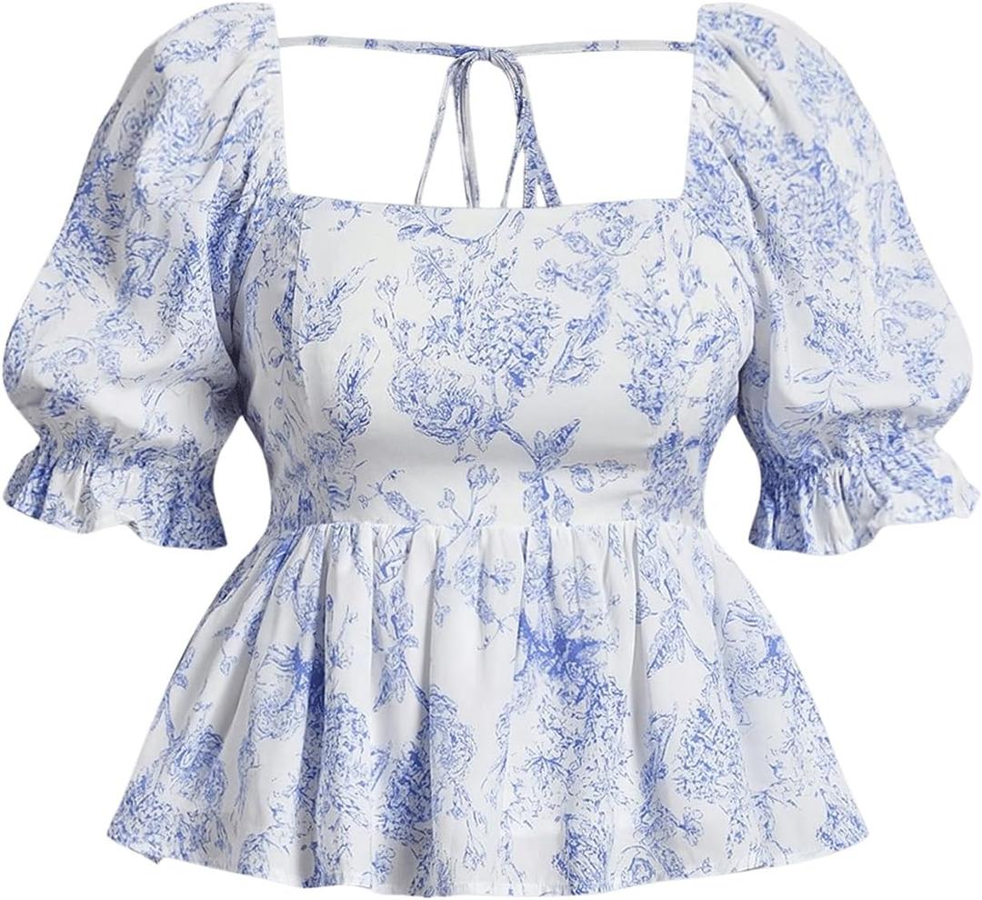 MakeMeChic Women's Plus Size Floral Square Neck Tie Backless Blouse Puff Sleeve Ruffle Hem Shirred Top (X-Large Plus, Blue and White)