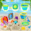 FHOZGECY Beach Toys, Sand Toys for Kids Boys and Girls with 4 Beach Construction Vehicles, 4 Collapsible Bucket, Sand Castle Building Kit, Sand Molds, Mesh Bag, Outdoor Toys for Kids Ages 4-8