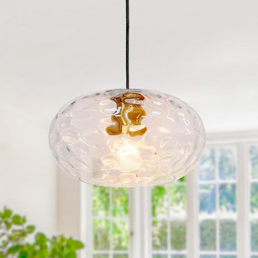 Clear Glass Pendant Lighting, 11" Hammered Lampshade Hanging Lamp, 1-Light Brass Gold Chandelier for Dining Living Room Kitchen Island
