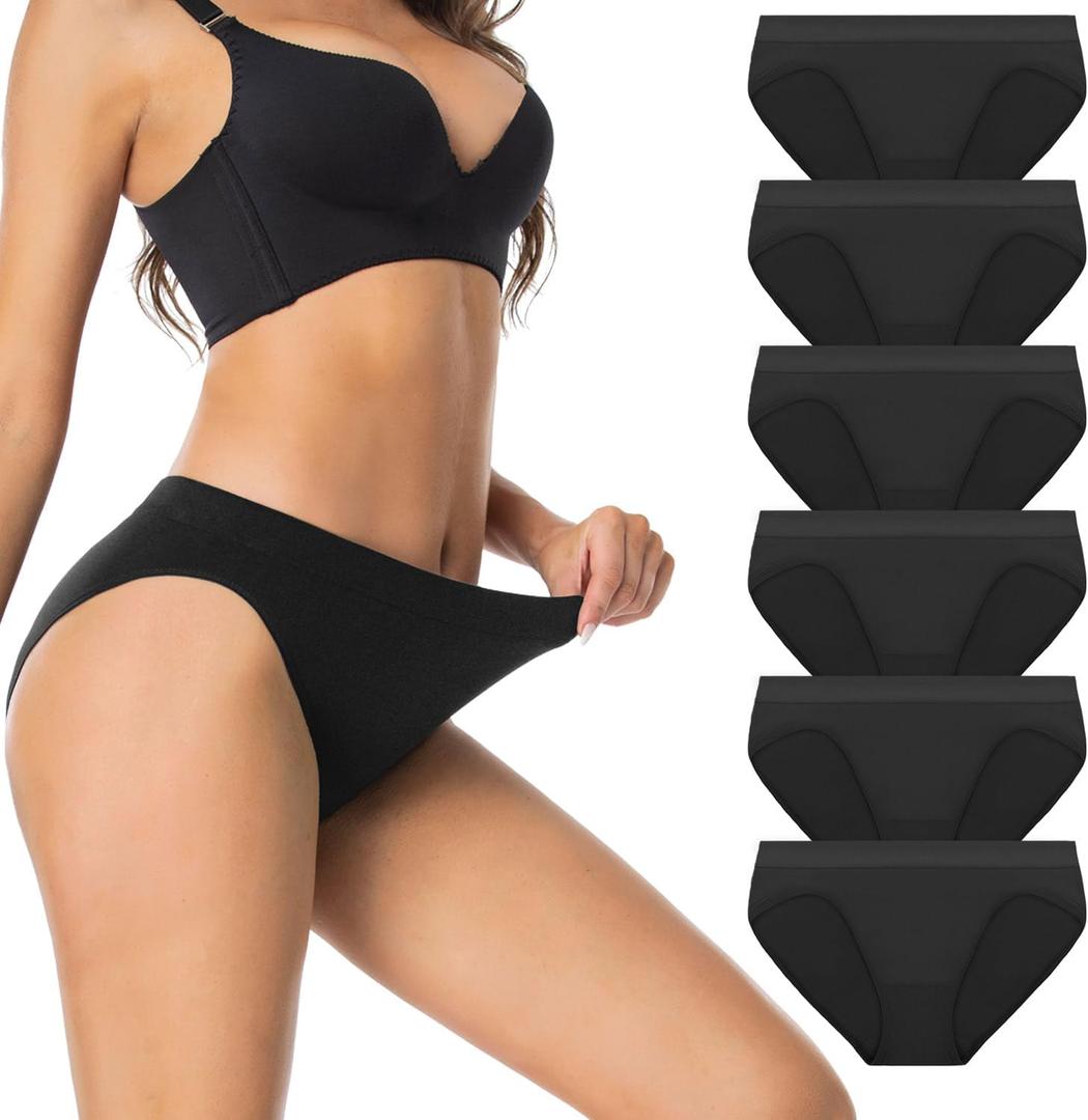 Womens High Cut Briefs Underwear Pack 6, Full Coverage Seamless Stretch Comfort Waistband Hi-Cut Panties for Ladies (Medium, Black)