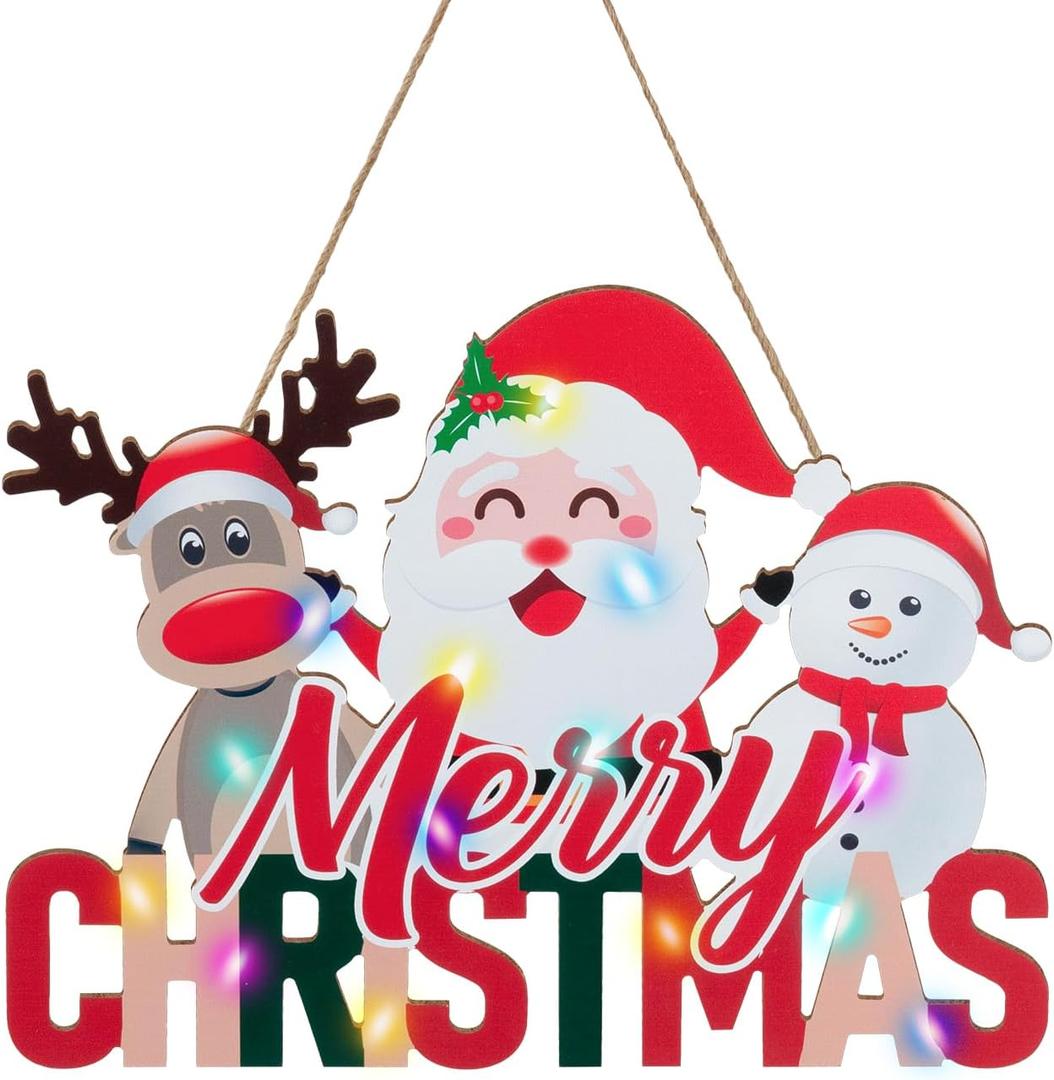 Merry Christmas Front Door Hanging Sign with Light Christmas Decorations Santa Reindeer & Snowman Indoor & Outdoor Holiday Xmas Wall Decor for Garage Home Office