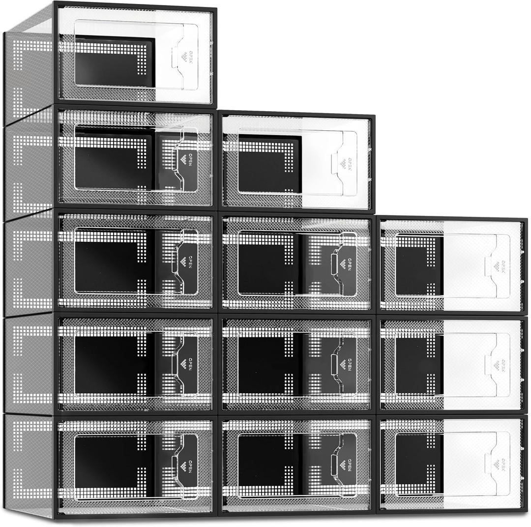 SEE SPRING X-Large Black Modern Plastic Shoe Box, 12 Pack, Clear Front Door, Stackable, Foldable, Ventilated, Fits US Size 11, 13.2''L9.1''W7.3''H Inch, 655.65 Cubic Inches, Already Assembled