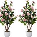 2 Pack Artificial Camellia Tree with White Pot, 38" Faux Potted Plants for Indoor Outdoor Decor, Tall Silk Greenery Plant for Home Offce Living Room Balcony, Pink