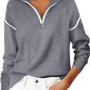 Saodimallsu Womens Quarter Zip Pullover Sweaters Casual Collared V Neck Color Block Long Sleeve Loose Knit Fall Sweater (Small, Gray)