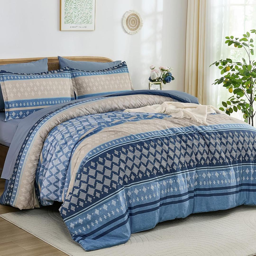 Drucon Boho Queen Comforter Set 7 Pieces, Navy Blue Bohemian Striped Bed in a Bag, Soft Microfiber Bedding Comforter Set