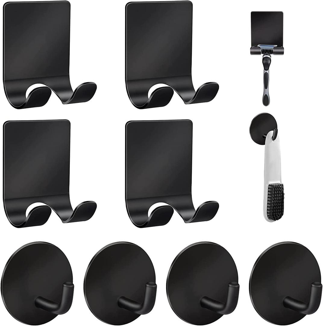 Razor Holder for Shower + Adhesive Wall Hooks, Premium 304 Stainless Steel Shower Razor Holder with Heavy Duty Waterproof Sticky Hooks for Hanging Towels, Coat, hat (4+4 Pack) - Black