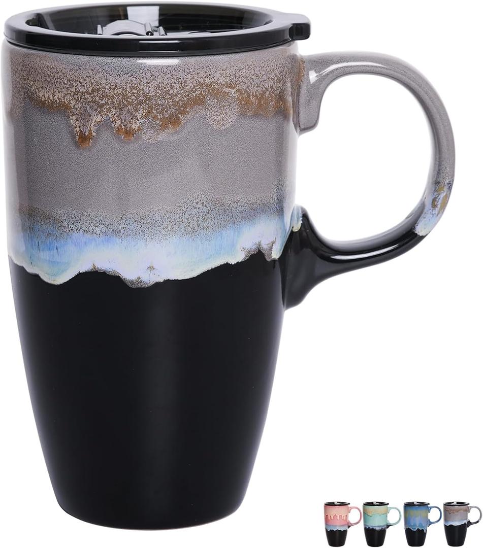 Bosmarlin Ceramic Travel Coffeel Mug with Handle and Lid, 18 oz, Portable Coffee Cup for Car Cup Holder, Microwave and Dishwasher Safe, Reactive Glaze (Grey) (Gray)