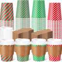 Mimorou 100 Pcs 8oz Fall Plaid Disposable Coffee Cups with Lids and Sleeves Autumn Thanksgiving Coffee Paper Cups for Cold Hot Drinks Fall Thanksgiving Party Supplies (Striped Style)