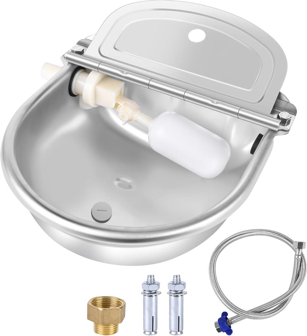 MYFAMIREA Automatic Animal Drinking Water Bowl Stainless Steel Waterer Feeder Farm Dog Dispenser Kit Self Filling for Livestock Horse Goat Water Trough with Float Valve Drain Hole Hose Adapter Bolts