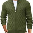 Yousify Mens Cardigan Sweater Full Zip Cable Knitted Stand Collar Cardigan Casual Long Sleeve Sweaters Army Green, XL