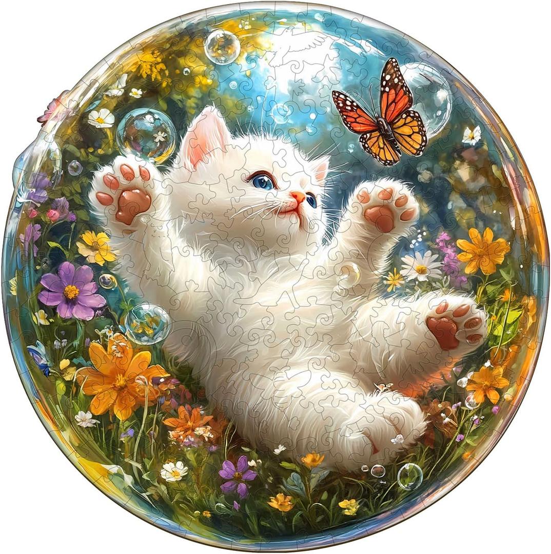Wooden Jigsaw Puzzles, Bubble Cat Wooden Puzzles for Adults with Unique Shape, Adult Jigsaw Puzzle, Birthday Gifts for Adults, 13.4"x13.4"-270pcs (Large)