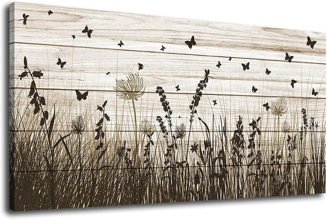 Wildflower Wall Art Autumn Canvas Picture Butterfly Grass Dandelion Artwork Vintage Wooden Board Painting Prints for Bedroom Living Room Office Home Kitchen Wall Decor Framed Ready to Hang 24" x 48"