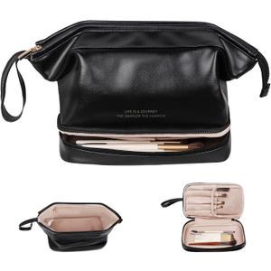 Abiudeng Large Capacity Makeup Bag Ladies Cosmetic Bag Travel Bag with Compartments Portable PU Leather Travel Makeup Bag with Handle (Black)
