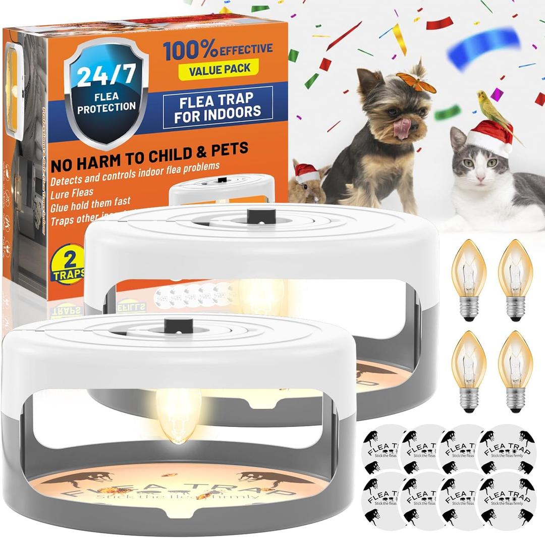 2 Pack Flea Traps for Inside Your Home, Indoor Flea Light, Bed Bug Killer with 8 Sticky Pads & 4 Light Bulb, Odorless Natural Insect Infestation Treatment Trap for Kid Pet (White Grey)