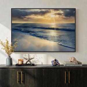 Framed Coastal Beach Wall Art, Blue Ocean Landscape Large Canvas Prints Paintings Artwork for Walls, Gold Sunset Pictures Wall Decor for Bedroom Dining Room Bathroom Living Room Hallway, 24x36 In