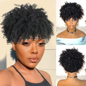 Headband Wig, Afro Kinky Headband Wig with Bangs, for Women Black Head Wrap 2 in 1 for Women, Curly Full Scarf Wigs, Synthetic Short Afro Kinky, Afro High Puff Wig