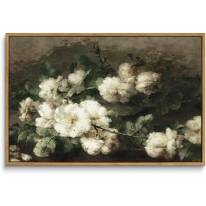 InSimSea Framed Canvas Wall Art Vintage Decor, Room Decor White Roses Still Life Paintings Canvas Print, Mid Century Modern Decor for Living Room, Bathroom Farmhouse Kitchen, 16"x24" (Flower)
