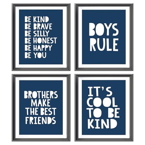 Brothers Make The Best Friends Boys Rules Affirmations Poster Prints for Boys Room Playroom Nursery Classroom Decor,Boho Colors Decorations Prints Wall Art Unframed 4pcs 8x10 Inches(Navy Blue)