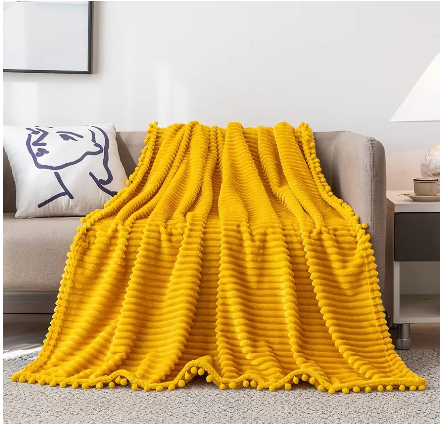 Fleece Blanket Throw Size – 51x63 In, Yellow Soft, Plush, Fluffy, Fuzzy, Warm, Cozy Perfect for Couch, Bed, Sofa - with Pompom Fringe Flannel