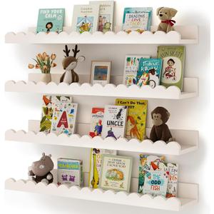 Nursery Book Shelves, 4-Pack White Floating Shelves for Wall Kids, Scalloped Shelves, Wall Book Shelves for Bedroom Kids, Toddler Room, Baby Room, Nursery Decor (23 Inches)
