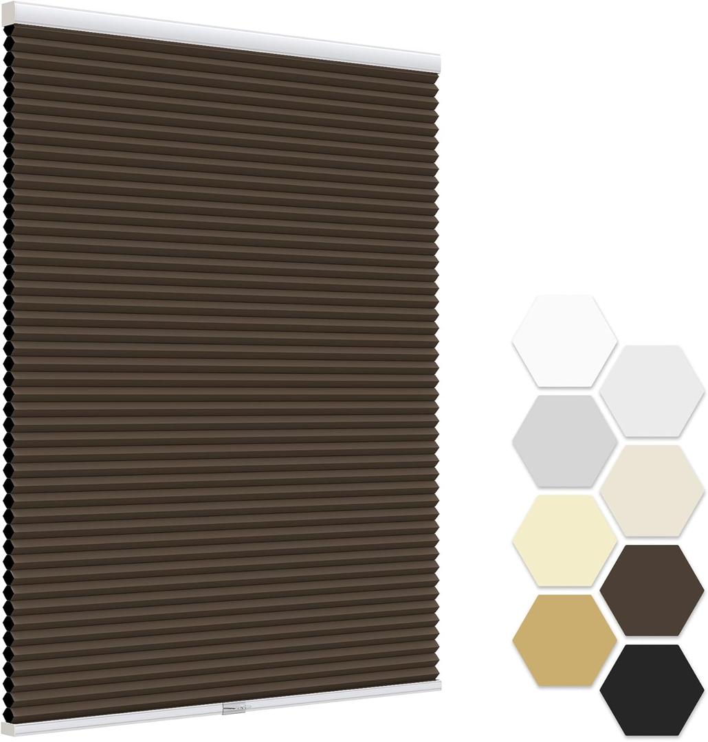 LazBlinds No Tools No Drill Cordless Cellular Shades, Blackout Honeycomb Shades Room Darkening Pleated Blinds for Window Size 33" W x 72" H, Dark Coffee