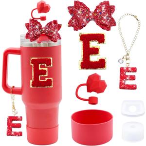 2 x 7Pcs Red Stanley Cup Accessories Set For Stanley Cup 30oz 40oz tumbler with handle,Including Heart Straw Topper Cover Cap,Letter Charm,Red Shiny Bow,Spill Proof Stopper,Silicone Boot(Red E)