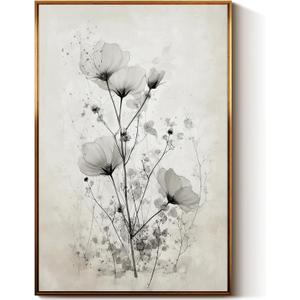 WHASAYART Large Framed Floral Wall Art 24x36 Inch, Elegant Modern Black and White Flower Painting Canvas Print, Minimalist Botanical Artwork Living Room Bedroom Contemporary Home Decor
