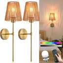 Battery Operated Wall sconces Set of Two,Rattan Shade Black with Remote Rechargeable Light Bulbs,dimmable RGB,Living Room, Bedroom, Hallway, Bathroom (Gold)