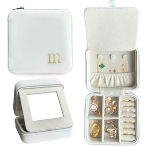 COLLECTIVE HOME - Travel Jewelry Case, Elegant Square Design with Gold Engraved Monogram, Built-in Mirror, Personalized Accessory Organizer for Rings, Necklaces, Gift for Women and Teens (m)