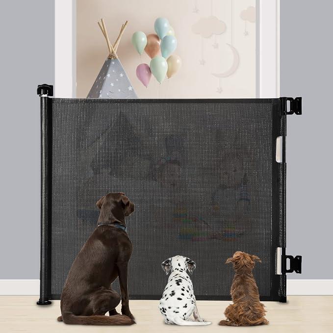 Retractable Baby Gate for Stairs & Doorways, 33" Tall Extends to 55" Wide Extra Wide Safety Kid Pet Gate, Mesh Dog Gate for Indoor, Outdoor, Hallways One-Handed Operation, Easy Install (33”x55”- Black)