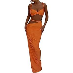 Wuitrie Sexy Two Piece Skirt Set for Women Summer Sexy Camisole and Slim Hip Long Skirt Solid Colour Maxi Skirts Sets, Size Small