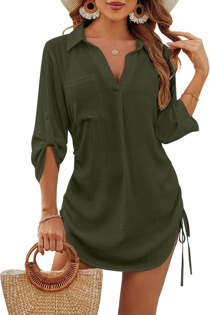 Blooming Jelly Womens Bathing Suit Cover Ups Bikini Swimsuit Coverup Drawstring Beach Dress Shirt