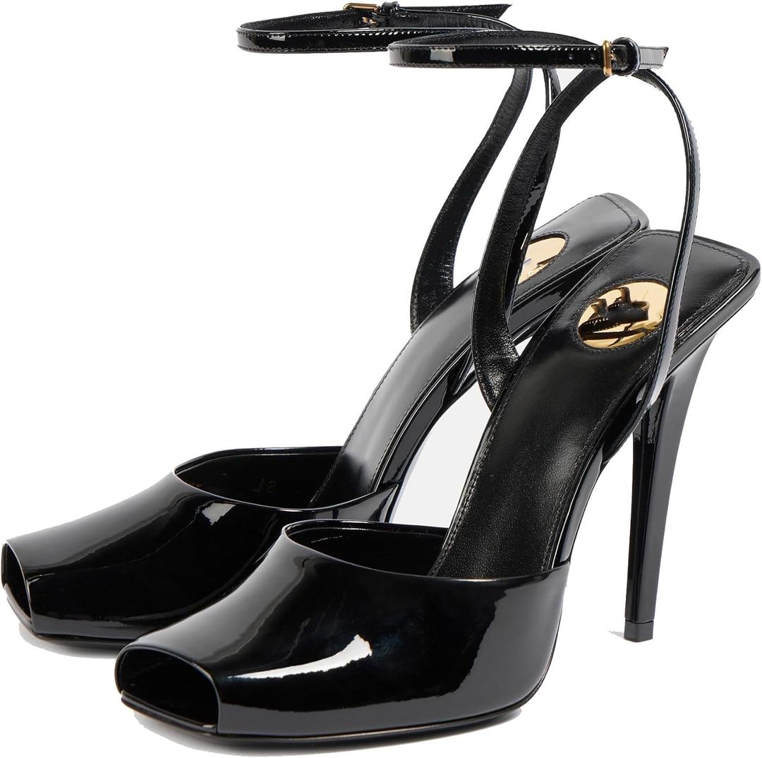 Arqa Women Black Stiletto Peep Toe Sandals Featuring Adjustable Ankle Strap Covered Square Open Toe Pumps Office Party Dressy Leather Shoes Wedding Dressy High Heels Size 8.5