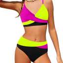 WIQI Girls Swimsuit Bikini Set 2 Piece Bathing Suits Color Block Criss Cross Swimwear Size 9-16 (9-10 Years, Pink Black)