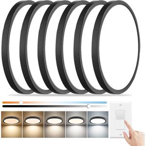 6PK 15.8 Inch Dimmable LED Flush Mount Ceiling Light, 32W, 3480LM, 2700K/3000K/4000K/5000K/6000K, Round Flat Panel Low Profile Ceiling Light Fitures for Hallway, Kitchen, Bedroom, Black
