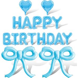 Light Blue Bow Balloons Light Blue Happy Birthday Balloons Banner Heart Foil Balloon for Bow Themed Party Decor Supplies Bachelorette Birthday Decoration Ballons Arch Kits Party Balloon Set 17pcs