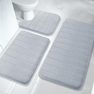 Yimobra 3 Pieces Memory Foam Bath Mat Set with U-Shaped Toilet Rug - Non Slip Super Soft Absorbent Quick Dry Bathroom Rugs for Bathtub, Vanity & Toilet Base, Silver (44''x24'' + 31.5''x20'' + 24''x20'')