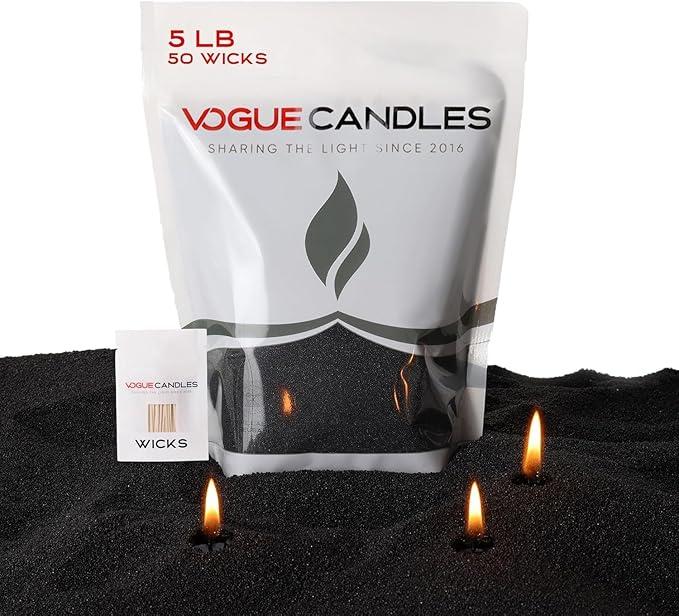 Vogue Candles Granulated Black Wax Refill – 5LB Pearled Candle Sand Wax – Sand Candle Kit with 50 Cotton Wicks for DIY Home Lighting – PlantBased & Reusable for Clean Burning, Custom Vessels & Décor
