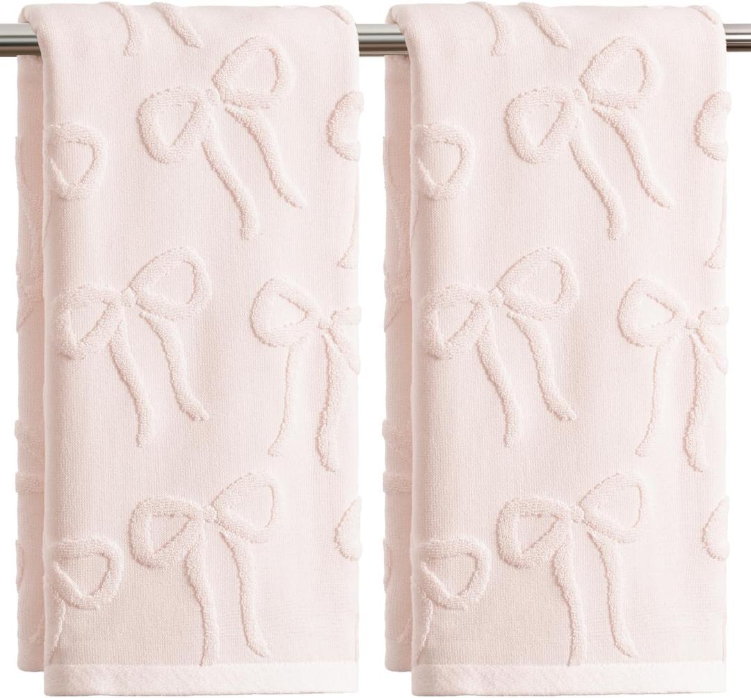 Artoid Mode 2 Pcs Pink 3D Bowknot Jacquard Hand Towels for Bathroom, 100% Cotton Soft Absorbent Bathroom Decor Towels, 13.7 x 29.5 Inch
