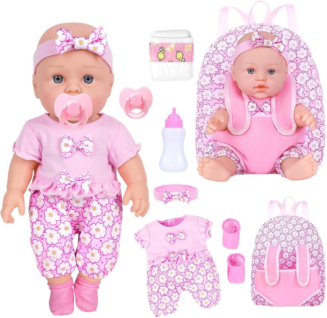 12 Inch Baby Dolls with Backpack Carrier Can Store Doll Clothes and Accessories,12" Reborn Baby Doll Set in Gift Box with Feeding Bottle Nipple Diaper for Kids Toddler Age 3+