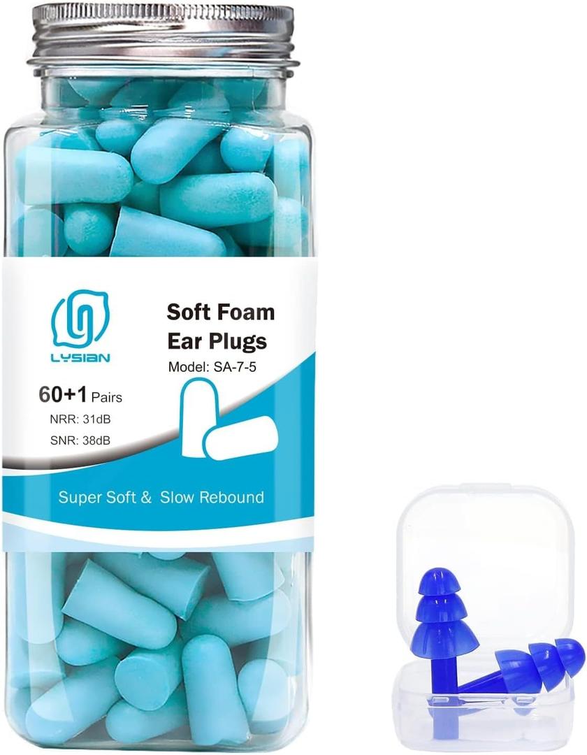 LYSIAN Ultra Soft Foam Earplugs Sleep, Noise Cancelling Ear Plugs for Sleeping, Shooting,Travel and Work-38dB SNR 31dB NRR Sound Blocking-60 Pairs Pack (Lake Blue)
