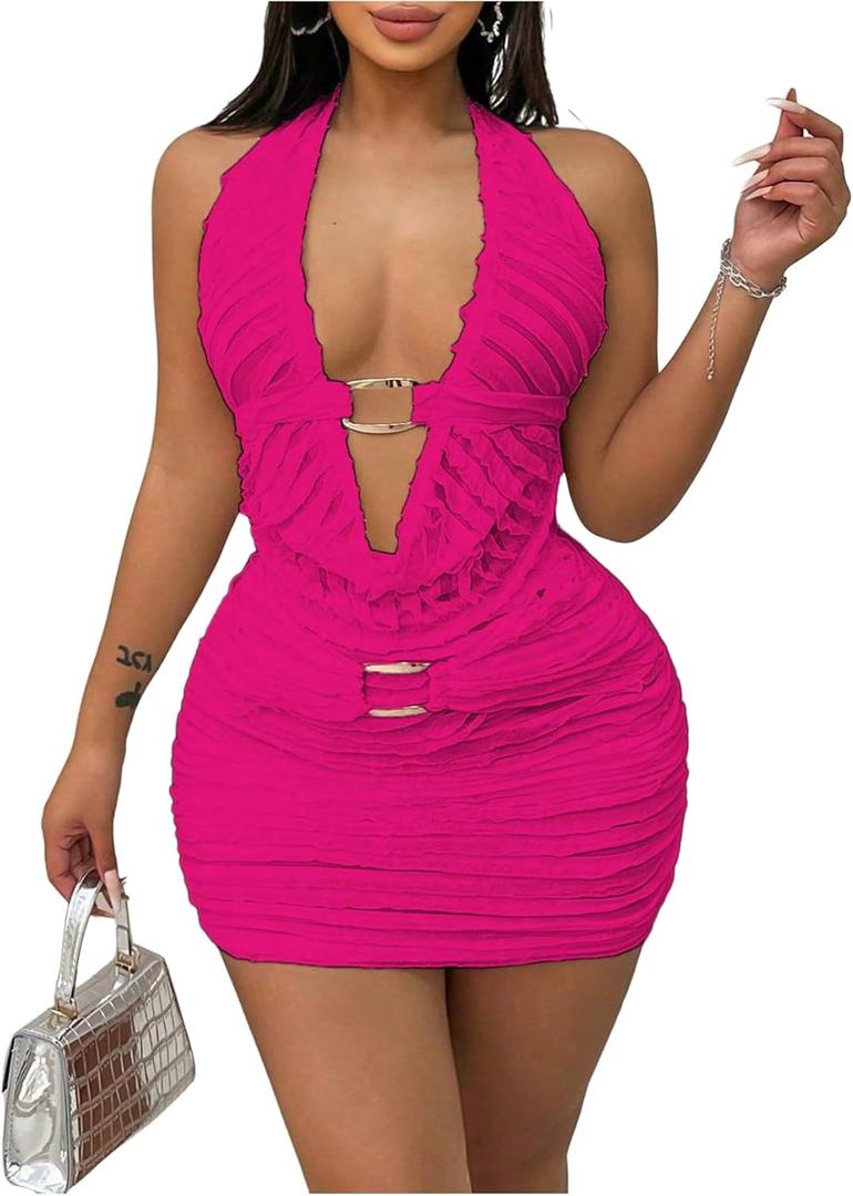 SweatyRocks Women's 2 Piece Skirt Sets Going Out Halter Crop Top with Bodycon Mini Skirts Club Rave Outfits (Hot Pink), XS 