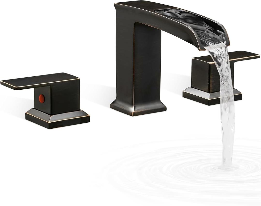 Waterfall Tub Faucet Set 3 Hole, Brass Oil Rubbed Bronze Bathtub Faucet Set 2 Handle, 6-16 Inch Deck Mount Roman Tub Faucets, High Flow Bathtub Faucets with Pre-Installed Water Hose for Antique