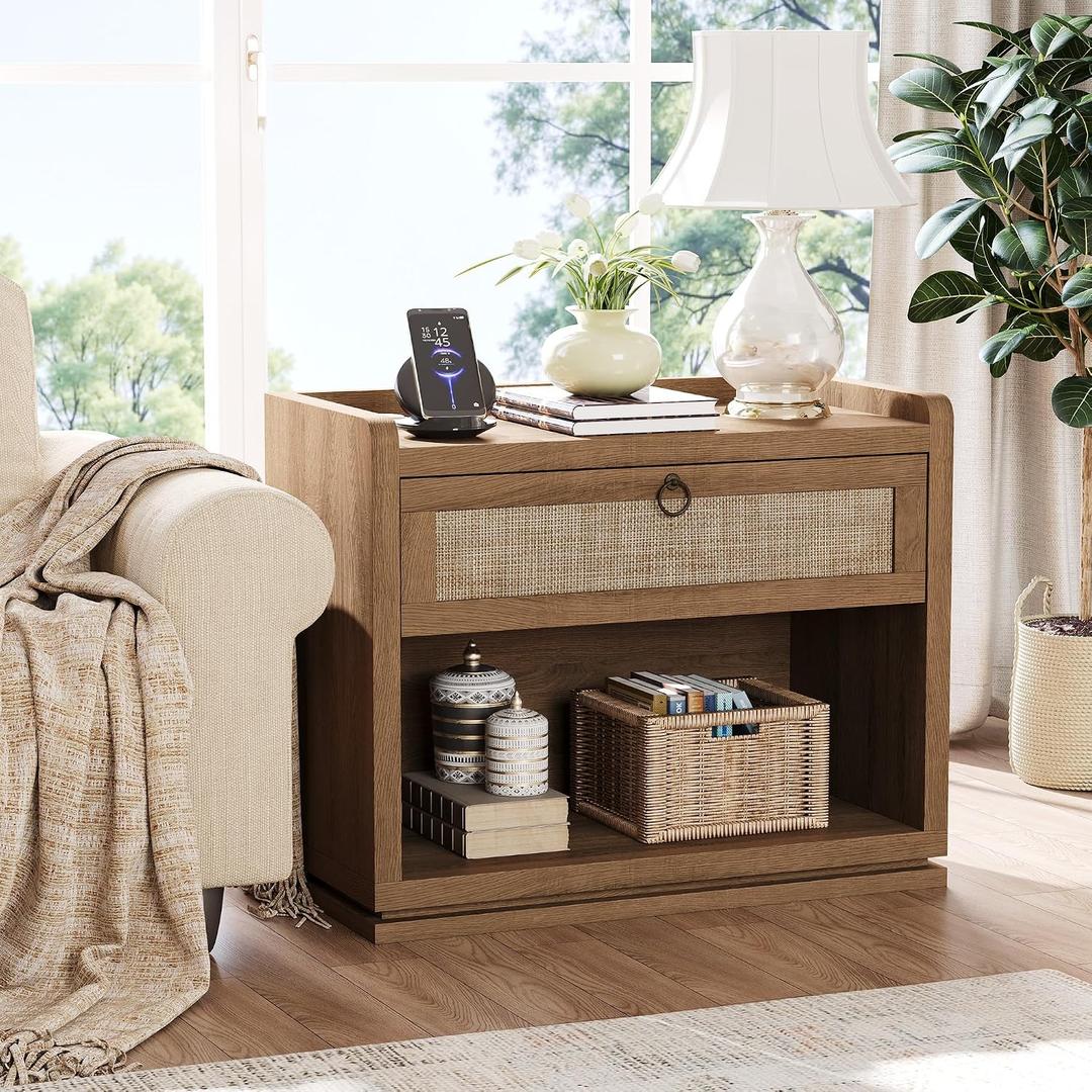 31" Wide Rattan Nightstand with Charging Station, End Side Table | Drawer & Open Shelf, Extra Large Night Stand, Farmhouse, Boho, Wood Bedside Table for Bedroom,Living Room,Office