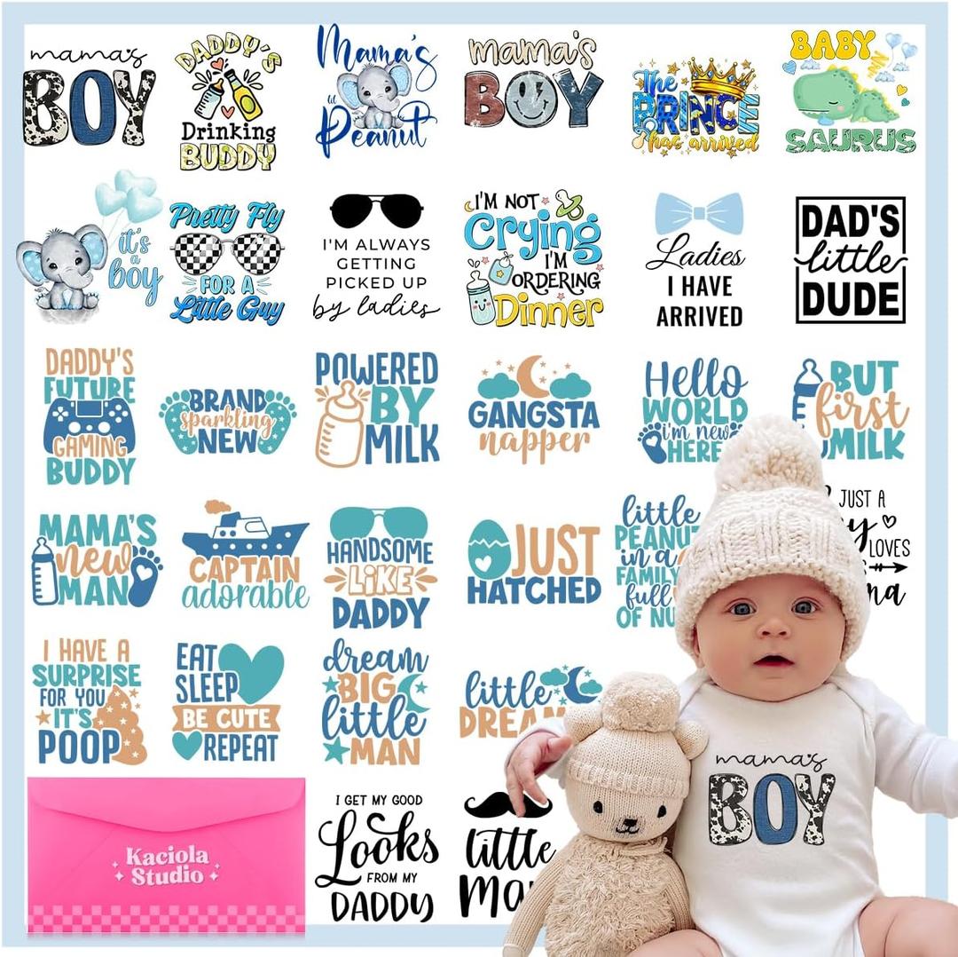 Kaciola 30 Sheets Baby Shower Games Iron on Transfers, Baby Boy DTF Transfers Ready to Press Bodysuit Making Stickers Iron on Decals for T Shirts Hoodie DIY Crafts (Boy)