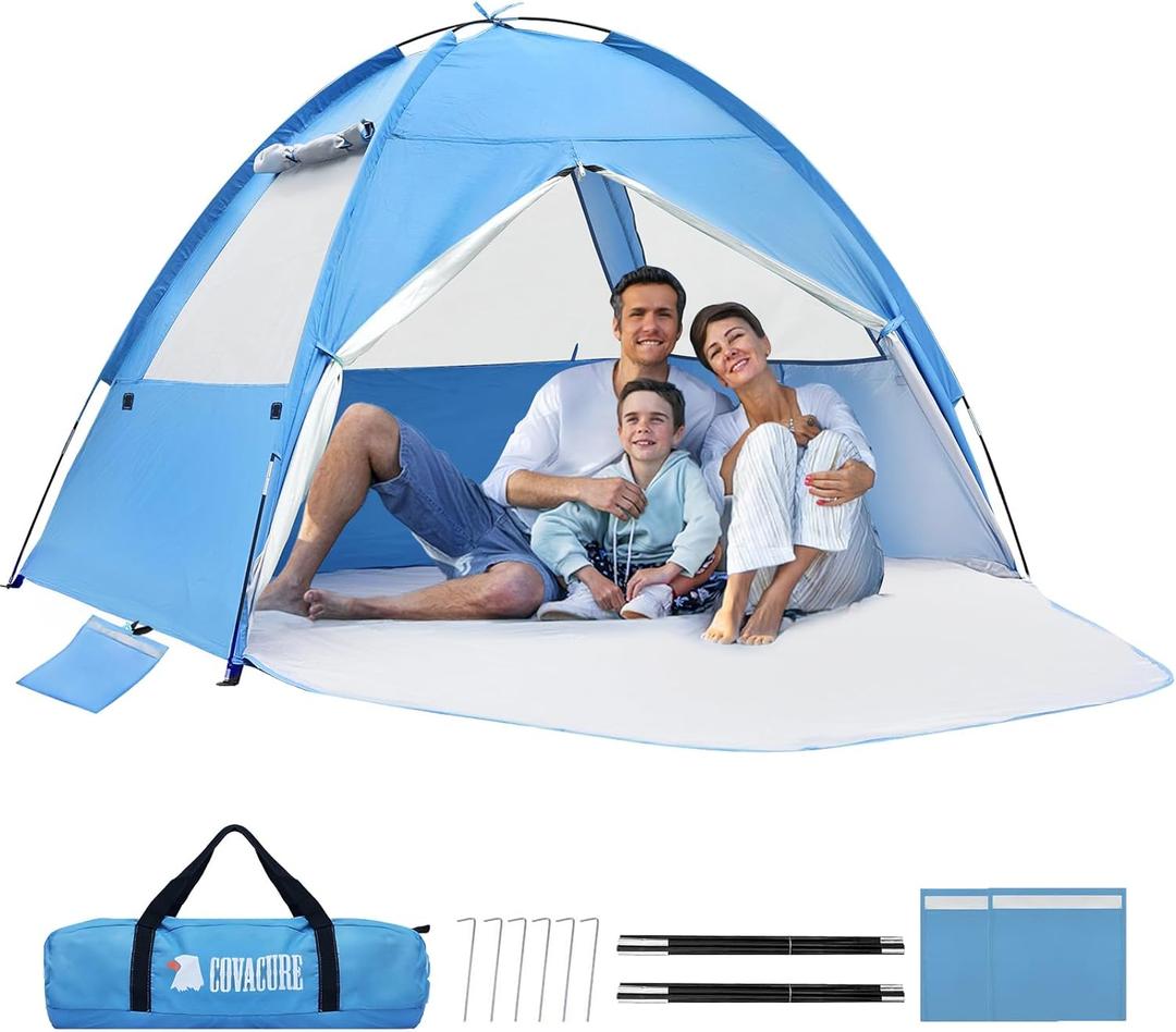 COVACURE Beach Tent Sun Shelter for 3-4 Person - UPF 50+ UV Protection Beach Shade, Waterproof & Lightweight, Easy Setup Portable Sun Canopy for Camping, Fishing, Beach