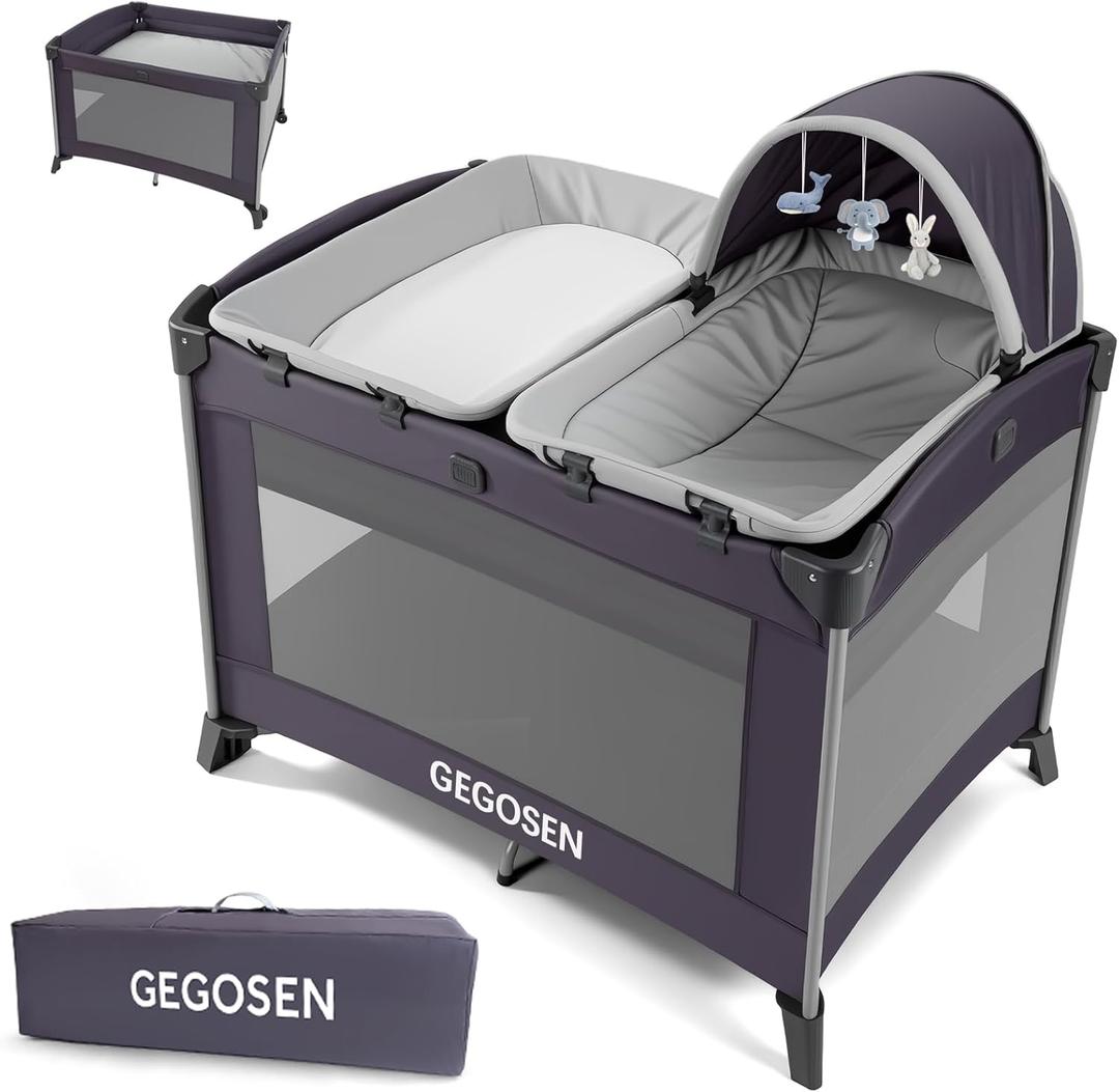 Portable Baby Playard 4 in 1 Design, Foldable Baby Playpen with Removable Bassinet, Canopy and Changing Table, Infant Playrad, Nursery Center Travel Crib (Toys Not Included)